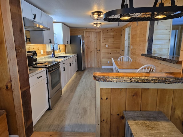1898 Roxbury Rd, Roxbury, ME 04275 - kitchen featuring under cabinet range hood, appliances with stainless steel finishes, a sink, light wood finished floors, and wooden walls