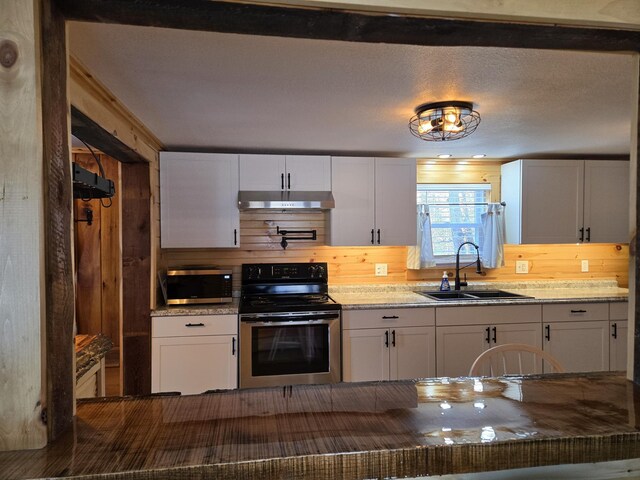 1898 Roxbury Rd, Roxbury, ME 04275 - kitchen with stainless steel appliances, a sink, under cabinet range hood, wood walls, and white cabinetry
