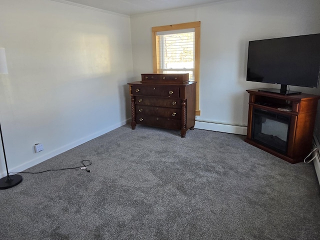 1898 Roxbury Rd, Roxbury, ME 04275 - carpeted bedroom featuring baseboard heating, ornamental molding, and baseboards