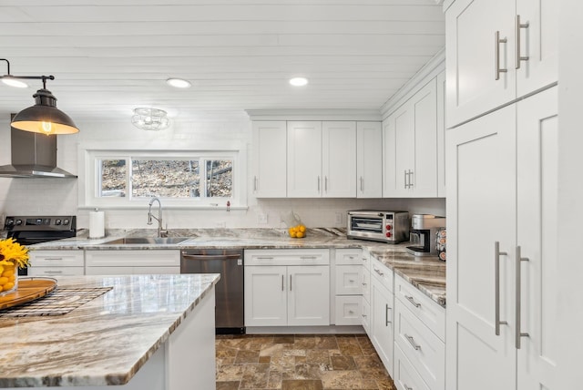kitchen featuring stone finish floor, backsplash, electric range oven, dishwasher, and a sink