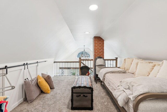 carpeted bedroom with recessed lighting, a chandelier, and vaulted ceiling