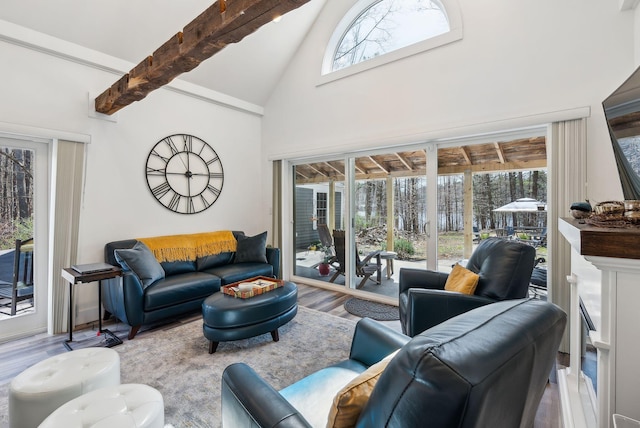 living area featuring high vaulted ceiling, beam ceiling, and wood finished floors