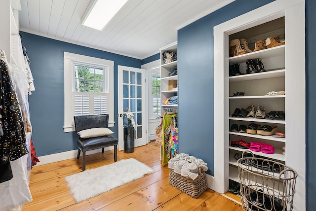 spacious closet with wood-type flooring and a baseboard radiator