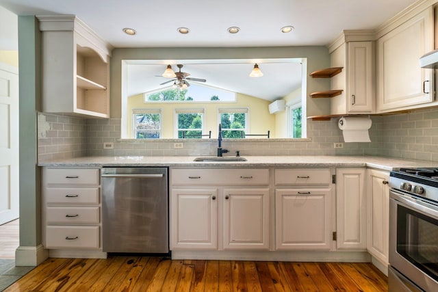 9 Phillips Rd, Falmouth, ME 04105 - kitchen featuring open shelves, appliances with stainless steel finishes, a sink, ceiling fan, and hardwood / wood-style flooring