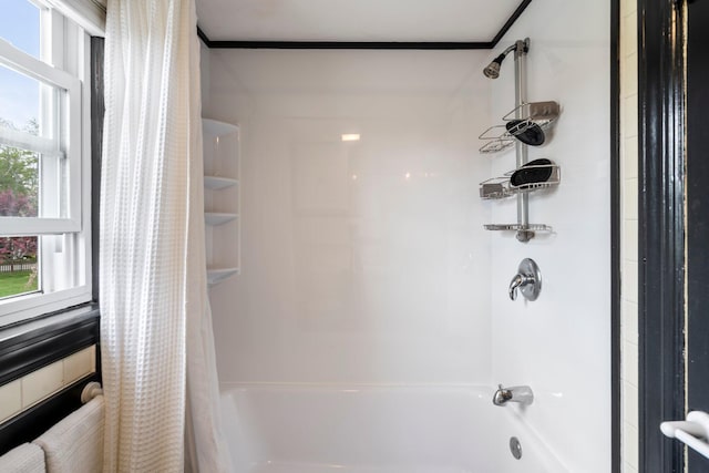 9 Phillips Rd, Falmouth, ME 04105 - bathroom featuring shower / bathtub combination with curtain and ornamental molding