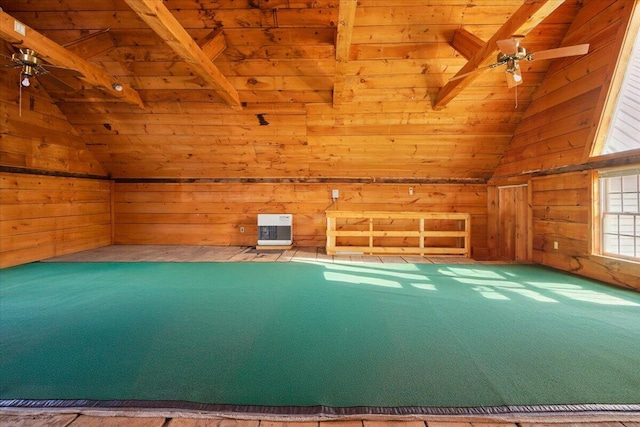 bonus room featuring wooden ceiling, vaulted ceiling with beams, and ceiling fan