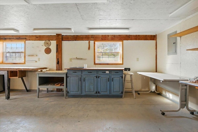 below grade area featuring a wealth of natural light, electric panel, and a workshop area