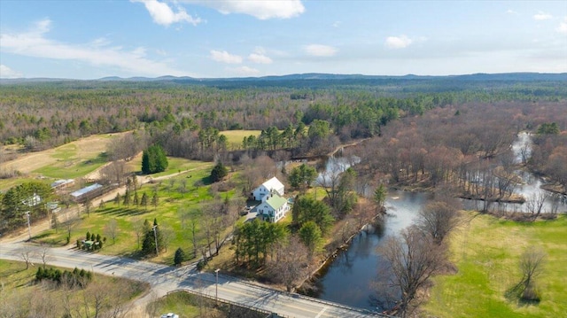 drone / aerial view with a water view and a wooded view