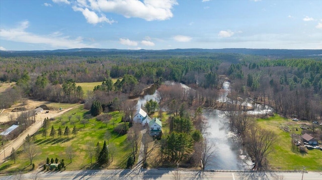 drone / aerial view featuring a water view and a wooded view