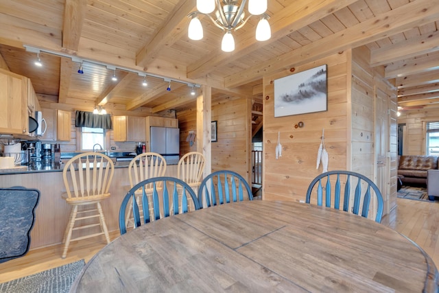 dining room featuring a chandelier, light wood-style floors, track lighting, wood ceiling, and beamed ceiling