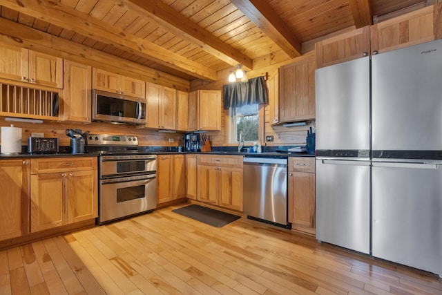 kitchen with light wood finished floors, stainless steel appliances, dark countertops, wooden ceiling, and beamed ceiling