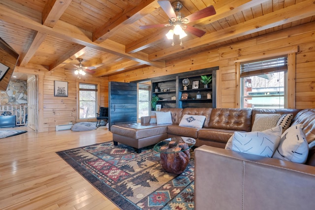 living room featuring beamed ceiling, wooden walls, and a ceiling fan
