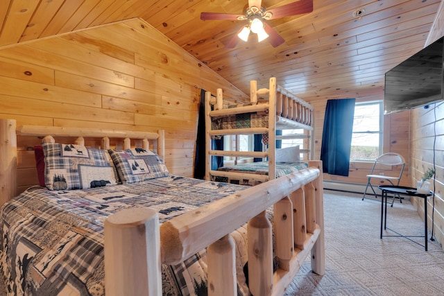 bedroom with wood ceiling, lofted ceiling, wood walls, and carpet floors