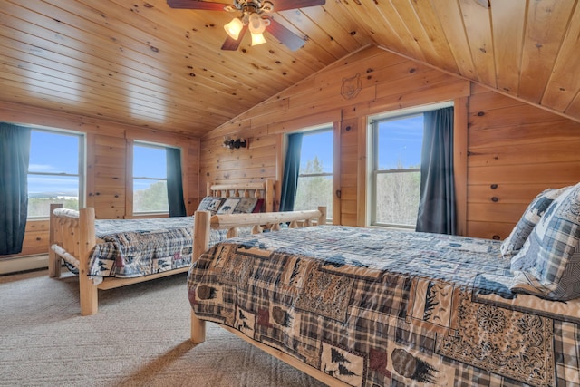bedroom with wood ceiling, vaulted ceiling, wood walls, and carpet flooring