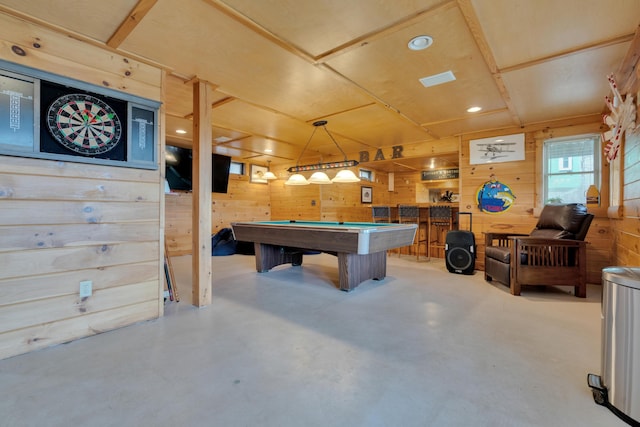 rec room with wooden walls, concrete floors, recessed lighting, and billiards