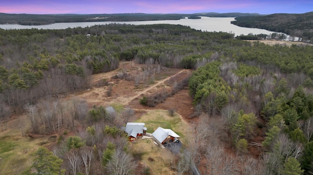 aerial view at dusk featuring a wooded view and a water view
