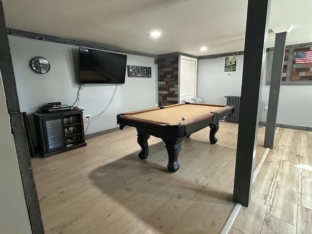 recreation room with baseboards, wood finished floors, recessed lighting, and pool table