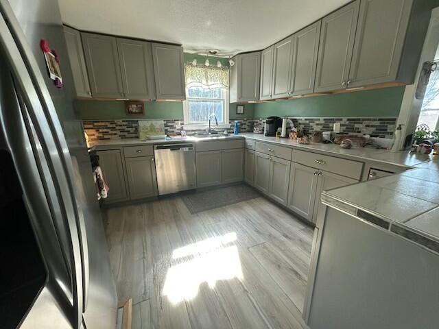 kitchen with backsplash, stainless steel appliances, light wood finished floors, and a sink