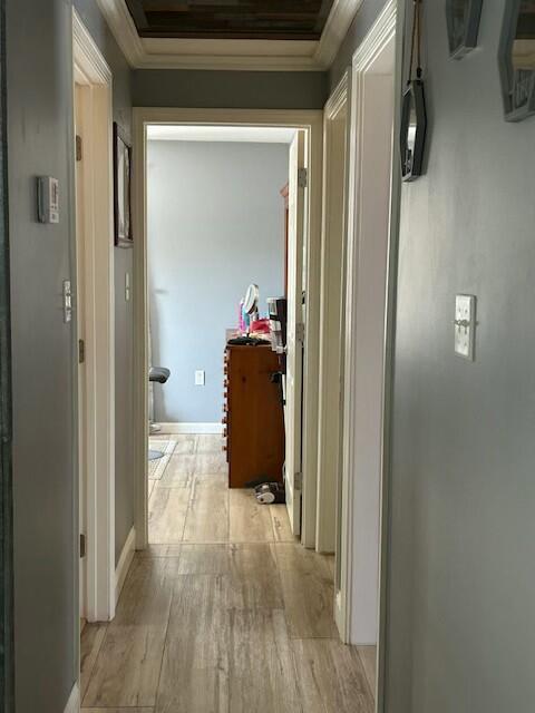 hallway with light wood-type flooring, baseboards, and crown molding