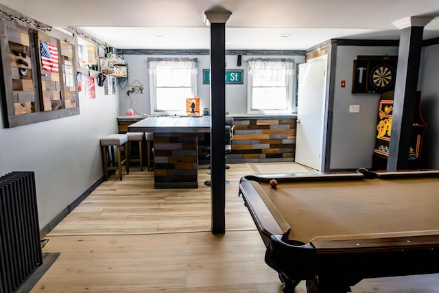 69 Goulds Ridge Rd, Passadumkeag, ME 04475 - game room with radiator heating unit, wood finished floors, billiards table, and baseboards