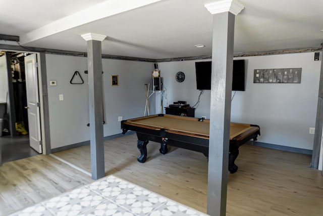 69 Goulds Ridge Rd, Passadumkeag, ME 04475 - game room featuring ornate columns, light wood-style floors, billiards, and baseboards