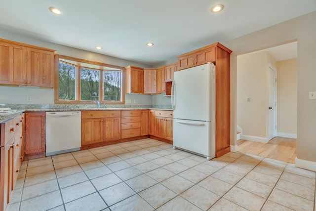 30 Apple Hill Vw, Alfred, ME 04002 - kitchen with white appliances, recessed lighting, light stone countertops, baseboards, and light tile patterned flooring
