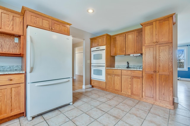 30 Apple Hill Vw, Alfred, ME 04002 - kitchen featuring white appliances, light tile patterned flooring, light stone counters, baseboards, and recessed lighting