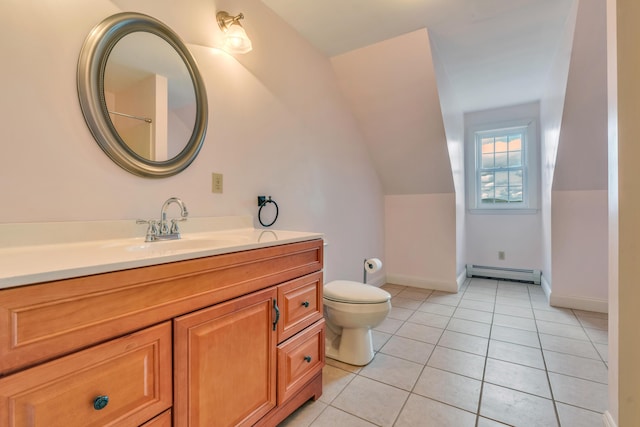 30 Apple Hill Vw, Alfred, ME 04002 - bathroom with a baseboard heating unit, toilet, tile patterned flooring, vanity, and lofted ceiling