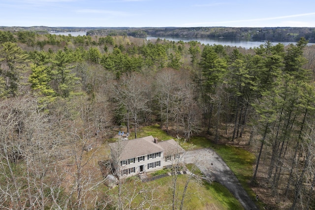 aerial view of property and surrounding area with a large body of water and a forest