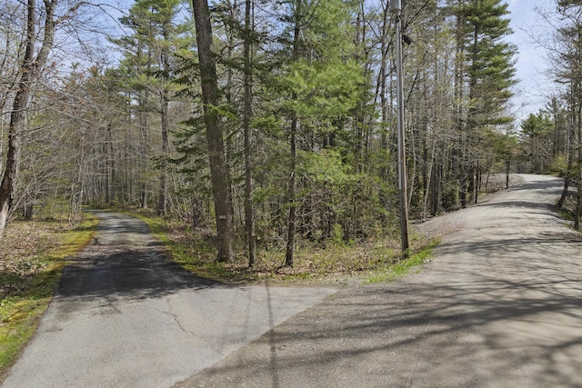 view of asphalt road featuring a wooded view