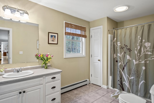 bathroom featuring a baseboard radiator, tile patterned flooring, toilet, vanity, and a shower with curtain