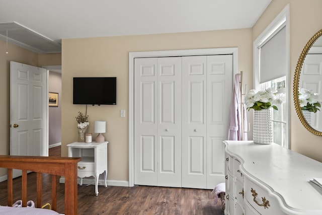 bedroom featuring attic access, dark wood-style flooring, a closet, and baseboards