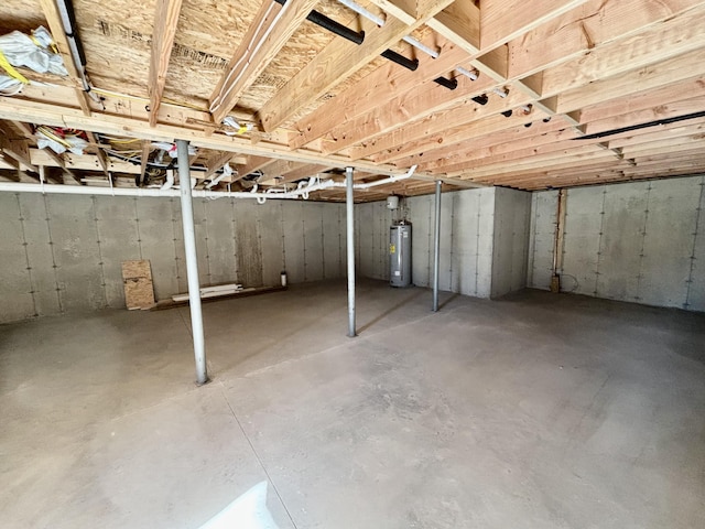 unfinished basement featuring water heater