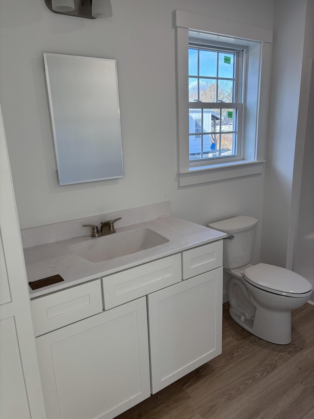 bathroom with toilet, vanity, and wood finished floors