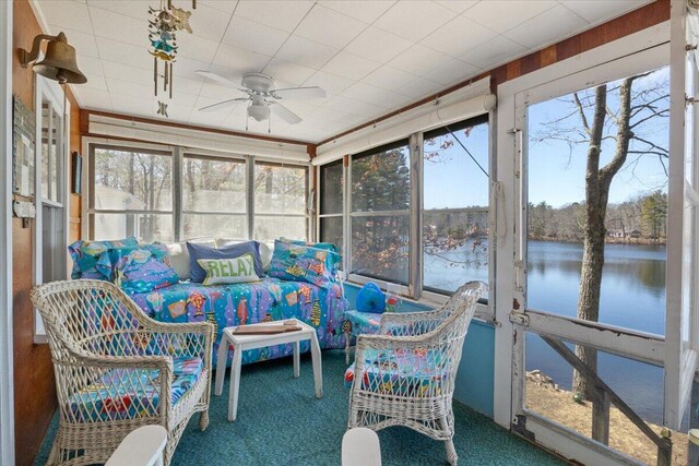 148 Anglers Rd, Windham, ME 04062 - sunroom featuring a water view and ceiling fan