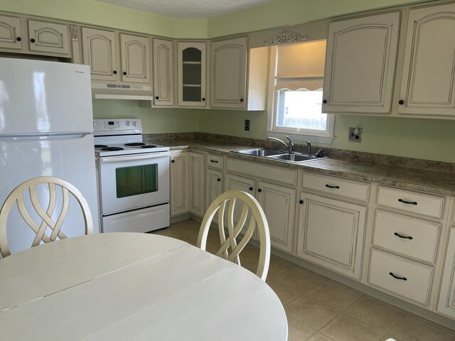 17 Greenfield Ln, Biddeford, ME 04005 - kitchen with under cabinet range hood, cream cabinets, a sink, and white appliances