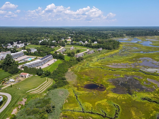 drone / aerial view with a forest view and a water view