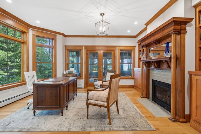 184 Spruce Point Rd, Yarmouth, ME 04096 - office space with a fireplace with flush hearth, a healthy amount of sunlight, and ornamental molding