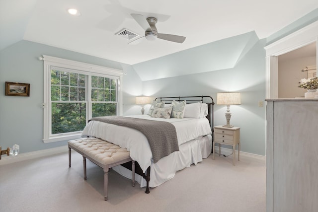 184 Spruce Point Rd, Yarmouth, ME 04096 - bedroom with baseboards, vaulted ceiling, visible vents, and light colored carpet