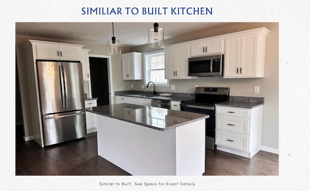 2 Blaine St, Saco, ME 04072 - kitchen with white cabinets, stainless steel appliances, dark stone countertops, and dark wood finished floors