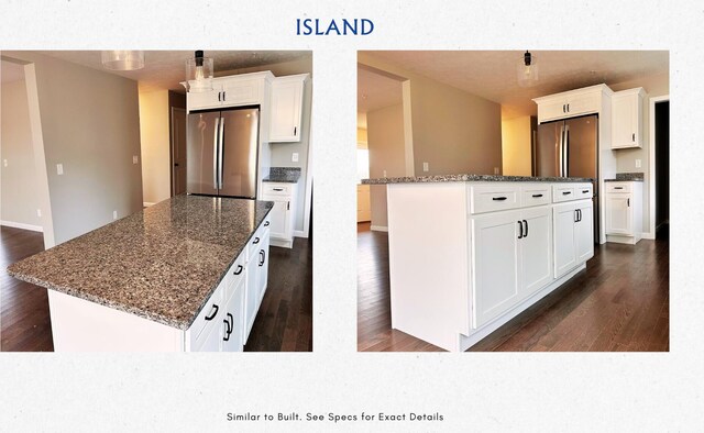 2 Blaine St, Saco, ME 04072 - kitchen featuring dark wood-type flooring, freestanding refrigerator, and a kitchen island