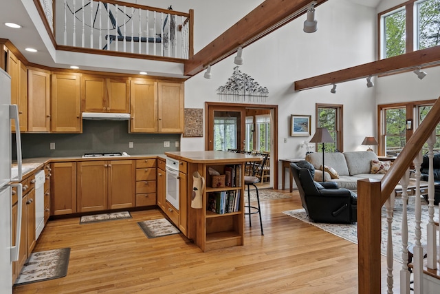 175 Quail Run Rd, Bristol, ME 04539 - kitchen featuring a high ceiling, a peninsula, light wood-type flooring, white appliances, and open floor plan