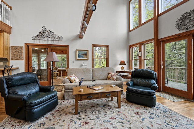 175 Quail Run Rd, Bristol, ME 04539 - living room featuring wood finished floors, a towering ceiling, plenty of natural light, and rail lighting