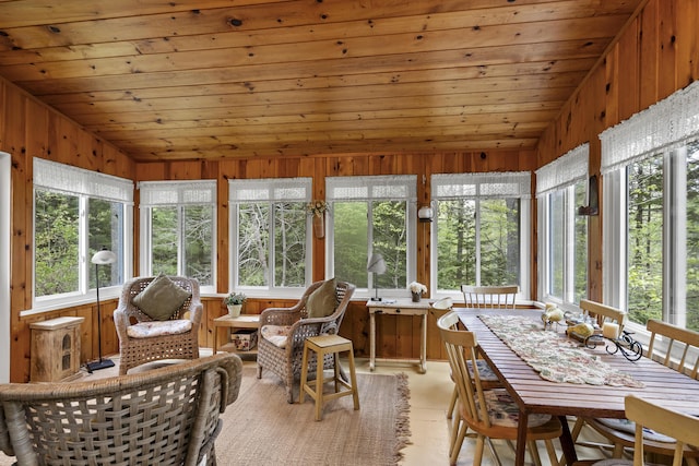 175 Quail Run Rd, Bristol, ME 04539 - sunroom with healthy amount of natural light, wood ceiling, wood walls, and lofted ceiling
