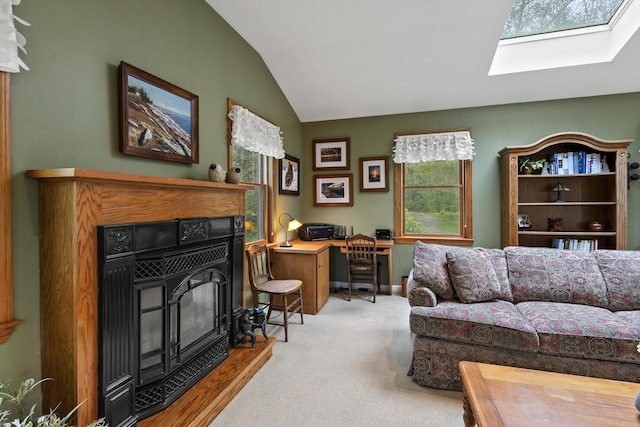 175 Quail Run Rd, Bristol, ME 04539 - carpeted living area featuring a skylight, vaulted ceiling, and a desk