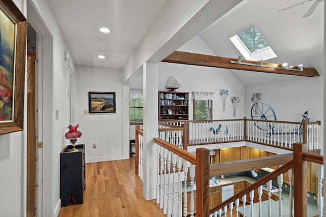 175 Quail Run Rd, Bristol, ME 04539 - corridor featuring an upstairs landing, a skylight, light wood-style floors, healthy amount of natural light, and recessed lighting
