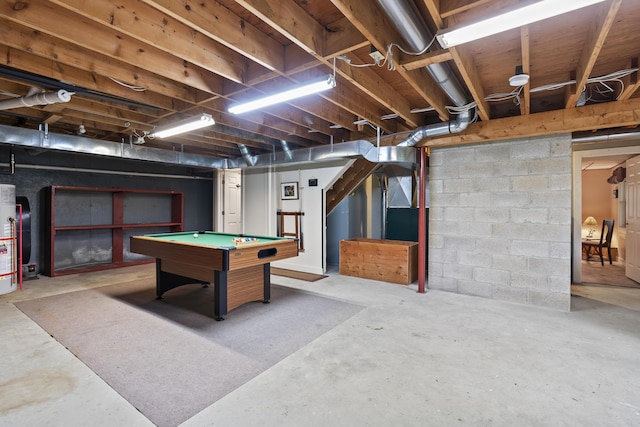175 Quail Run Rd, Bristol, ME 04539 - recreation room featuring unfinished concrete flooring, pool table, and water heater
