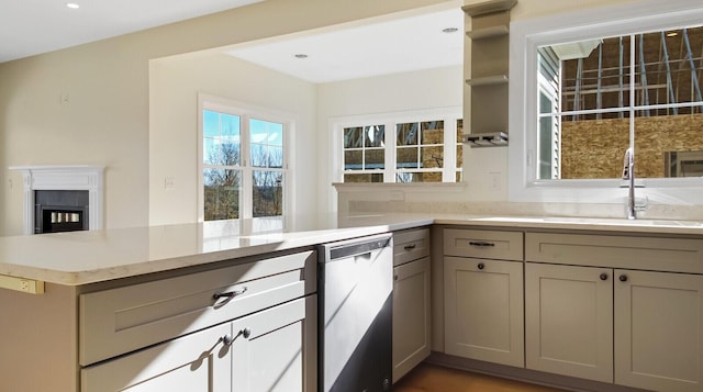 LOT16 Beech St Unit 16, Hallowell, ME 04347 - kitchen featuring a peninsula, open shelves, light stone counters, and gray cabinetry