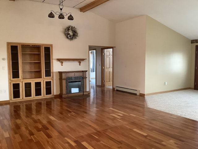 unfurnished living room with a baseboard radiator, baseboards, wood finished floors, and beamed ceiling