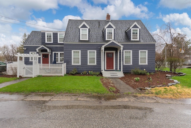 1 Silver Ter, Waterville, ME 04901 - cape cod house featuring fence, roof with shingles, a front yard, a gate, and a chimney